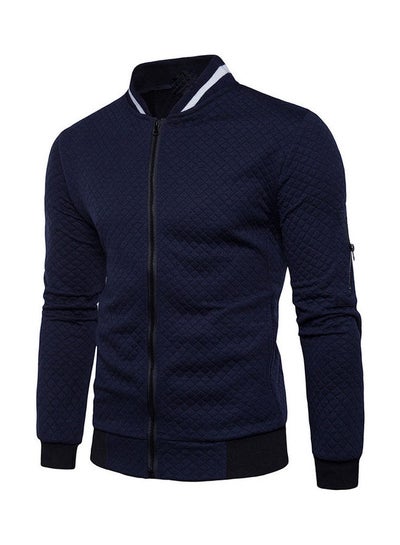 Buy Stand Collar Zip Up Casual Slim Grid Jacket Blue in Saudi Arabia