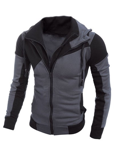 Buy Colourblock Double Zipper Slim Hooded Sweatshirt Black/Grey in Saudi Arabia