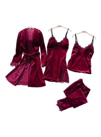 Buy 4-Piece Solid Sleepwear Pyjama Set Wine Red in UAE