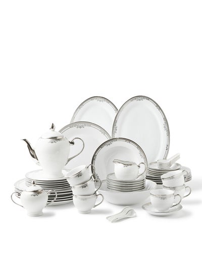 Buy 56 Piece Porcelain Dinner Set - Dishes, Plates - Dinner Plate, Side Plate, Bowl, Cups, Serving Dish And Bowl - Serves 6 - Festive Design White/Silverado White/Silverado in Saudi Arabia