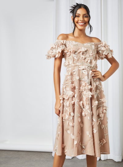Buy Joelle Floral Applique Dress Beige in UAE