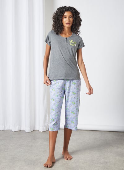 Buy Doodle Print Capri Pyjama Set Grey/Lavender in UAE