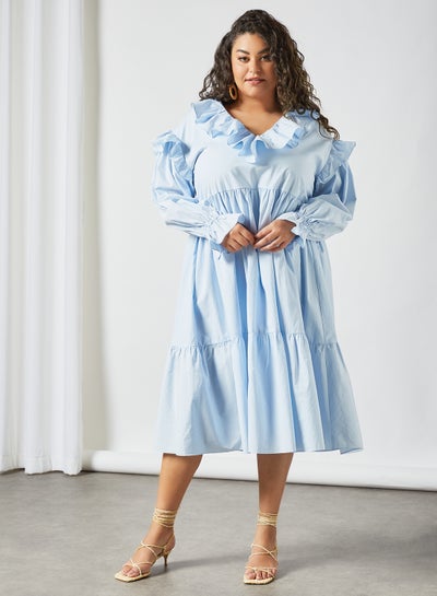 Buy Plus Size Ruffle Trim Midi Dress Blue in Saudi Arabia