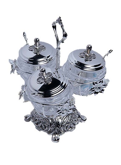 Buy 3-Piece Elegant Steel Decorated Sugar Bowl With Stand Silver 35x21x21cm in Saudi Arabia