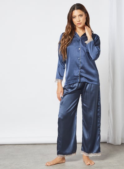 Buy Lace Trim Pyjama Set Navy in UAE