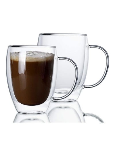 Buy 2-Piece Double Walled Glass Coffee Tea Cup Set with Handle Clear 350ml in Saudi Arabia