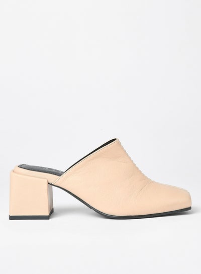 Buy Block Heel Leather Mules Nude in UAE