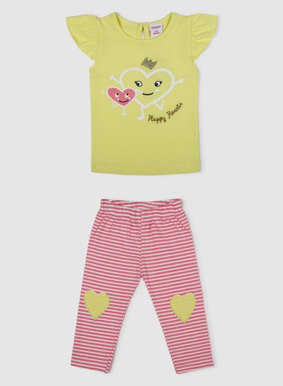 Buy Printed Round Neck Top And Bottom Set Yellow/Pink in Saudi Arabia