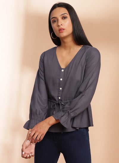 Buy V-Neck Casual Top Dark Grey in Saudi Arabia