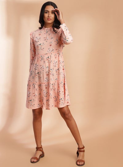 Buy Floral Printed Pleated Hem Mini Dress Light Pink/Green/White in Saudi Arabia