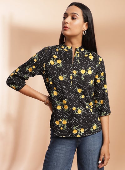 Buy All-Over Printed Three-Quarter Sleeve Top black/ yellow multicolor in Saudi Arabia