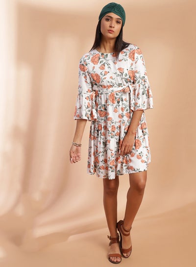 Buy All-Over Floral Printed Mini Dress White/Orange/Black in Saudi Arabia