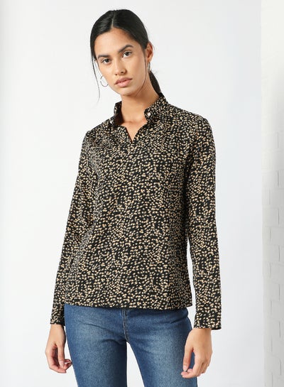 Buy Mandarin Neck Printed Casual Top Black/Yellow in Saudi Arabia