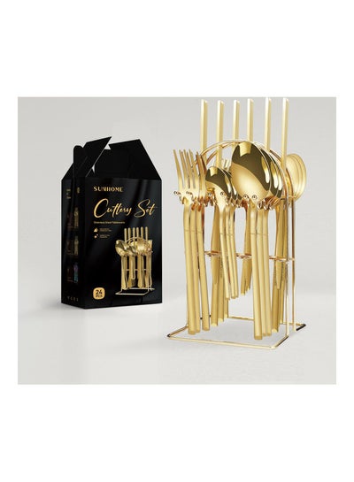 Buy 24-Piece Stainless Steel Cutlery Set with Stand Gold in Saudi Arabia