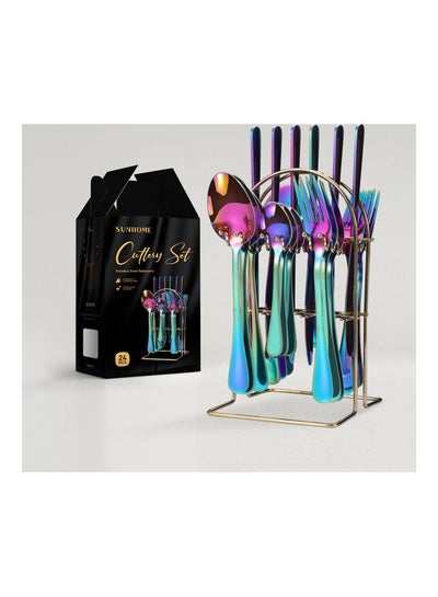 Buy 24-Piece Stainless Steel Cutlery Set with Stand Multicolour in Saudi Arabia