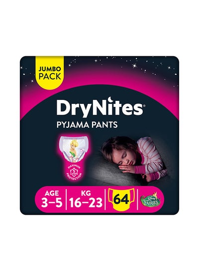 Buy Dry Nites Pyjama Pants, 16 - 23 Kg, 3 - 5 Years, 64 Count (16 x 4) - Girls, Jumbo Pack, Maximum 5 Layer Protection, Disney Fairies in UAE