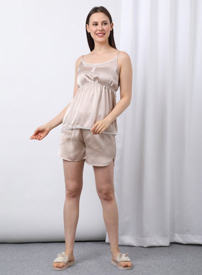 Buy Comfortable Teddy Camis And Shorts Set Gold Beige in Saudi Arabia