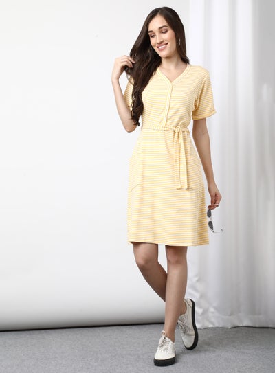 Buy Fashionable Casual Mini Dress Yellow/White in Saudi Arabia