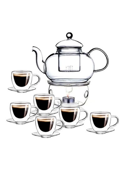 Buy Double Wall Borosilicate Glass Teacup And Saucer Set With Teapot And Candle Warmer Clear 75ml in UAE