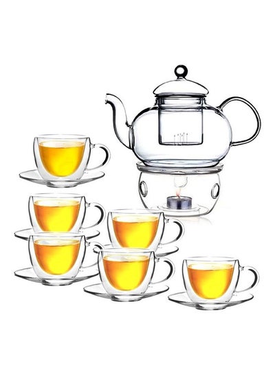 Buy Double Wall Borosilicate Glass Teacup And Saucer Set With Teapot And Candle Warmer Clear 120ml in UAE