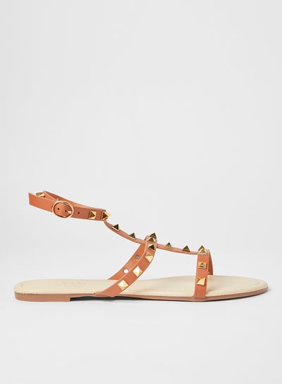 Buy Studded Buckle Sandals Brown in Saudi Arabia