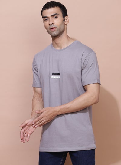Buy Contrast Text Printed T-Shirt Flint Grey in Saudi Arabia