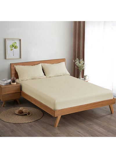 Buy 3-Piece Fitted Sheet With Pillow Case Set Cotton Beige 200x200cm in Saudi Arabia