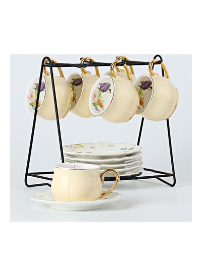 Buy 13 Piece Cup And Saucer Set With Iron Shelf Yellow 8.5x6x5cm in Saudi Arabia