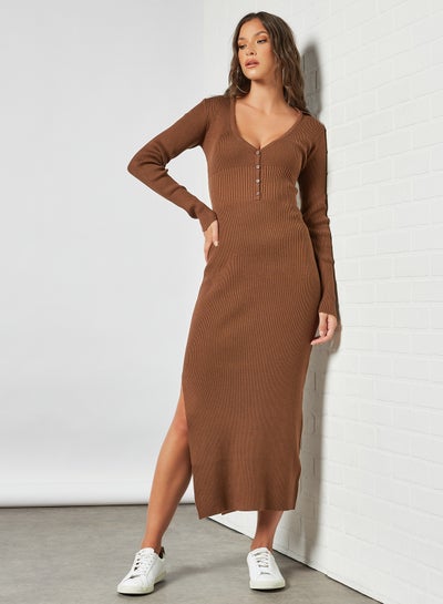 Buy Side Slit Bodycon Dress Brown in UAE