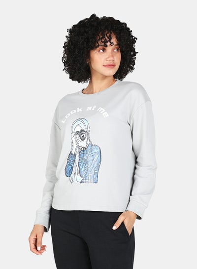 Buy Look At Me Printed Casual Crew Neck Sweatshirt Grey in Saudi Arabia