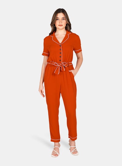 Buy Casual Tie Waist Jumpsuit Rust Red in UAE