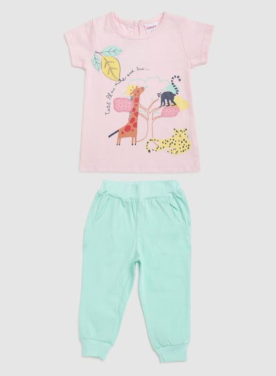 Buy Baby Girls Round Neck Short Sleeve  Sets Pink/Light Blue in UAE