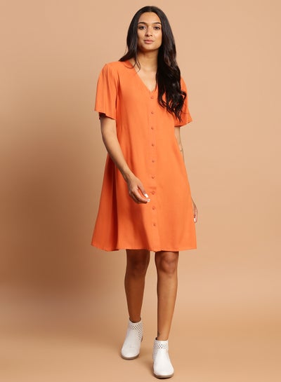 Buy Casual Solid Pattern Mini Dress Rust in Saudi Arabia