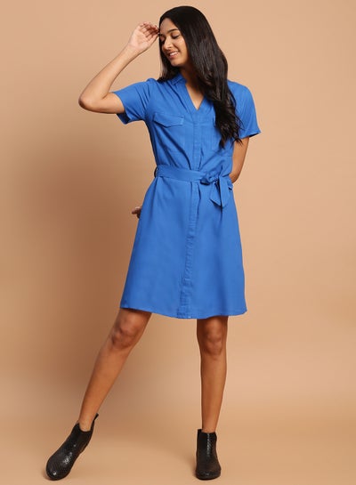 Buy Casual Solid Pattern Mini Dress Blue in Saudi Arabia