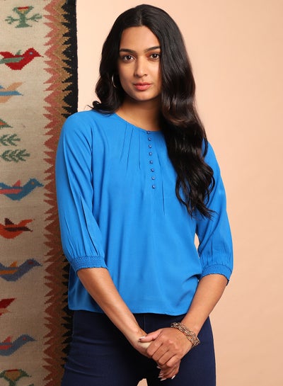 Buy Three-Quarter Sleeve Casual Top Blue in Saudi Arabia