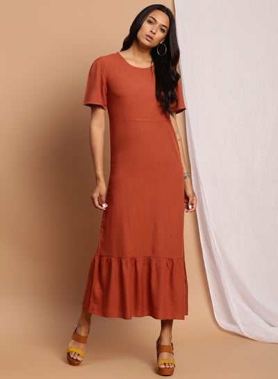 Buy Round Neck Mini Long Evening Maxi Dress Dark Beige in Saudi Arabia