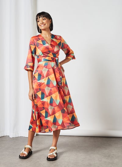 Buy Geometrical Print Wrap Dress Orange in UAE