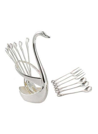 Buy Aluminum Fruit Food Fork Spoon Knife Cutlery Swan Holder (3 fork and 3 spoon) Silver in Saudi Arabia