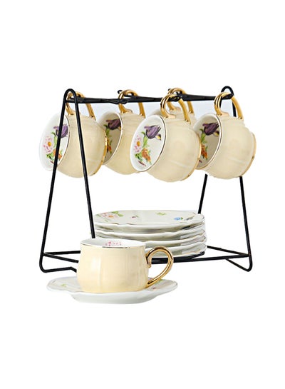 Buy Ceramic Coffee Cup And Saucer Set Beige 80ml in UAE