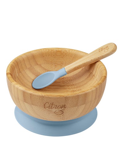 Buy Organic Bamboo Bowl Suction With Spoon - Dusty Blue in UAE