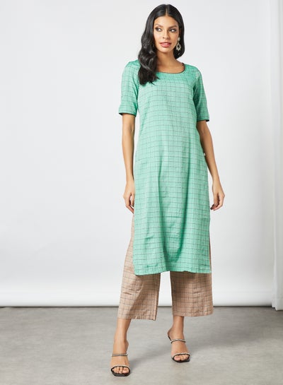 Buy Geometric Print Kurta and Pants Set Green/Beige in Saudi Arabia