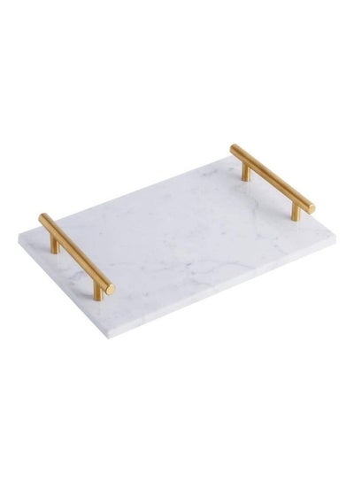 Buy Patterned Marble Tray with Gold-toned Handles White 30x20x20cm in UAE