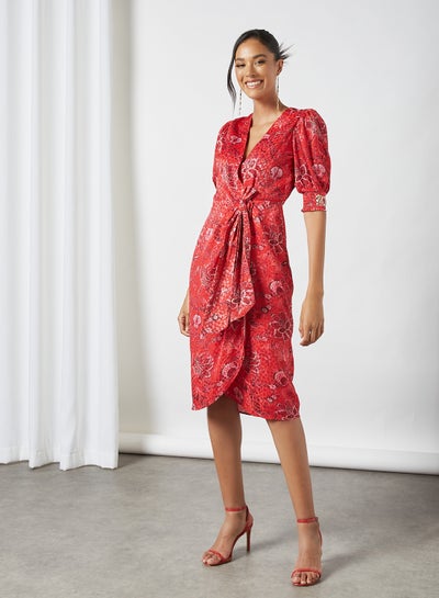 Buy Floral Print Wrap Dress Red in Saudi Arabia