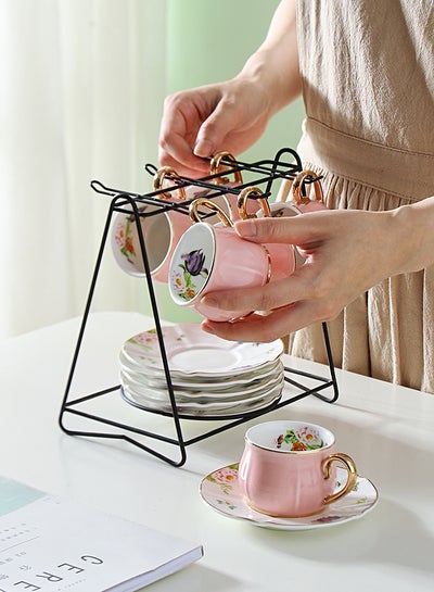 Buy 13-Piece Cup And Saucer Set With Iron Shelf Pink/White/Black 8.5x6x5cm in Saudi Arabia