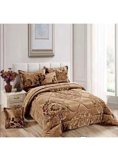 Buy 6-Piece King Velvet Floral Bedding Set Cotton Brown in UAE