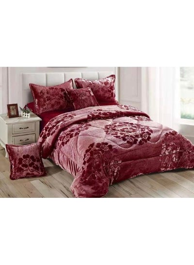 اشتري 6-Piece King Velvet Floral Bedding Set قطن Maroon 220x240سم في الامارات