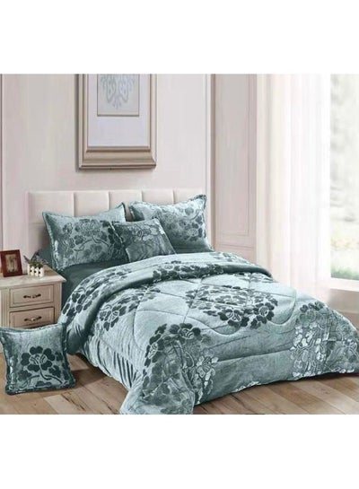 Buy 6-Piece King Velvet Floral Bedding Set Cotton Green 220x240cm in UAE