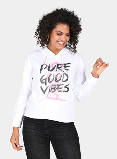 Buy Pure Good Vibes Printed Hooded Neck Long Sleeve Hoodie White in Saudi Arabia