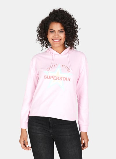 Buy Limited Edition Superstar Printed Long Sleeves Drawstring Detail Hoodie Light Pink in Saudi Arabia