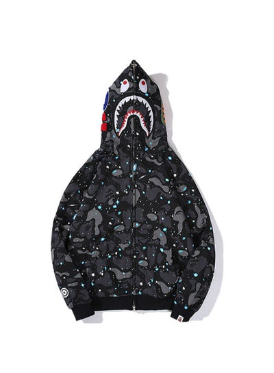 Buy Printed Stylish Hooded Zip Through Black in UAE